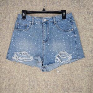 Cali 1850 Womens Denim Studded Distressed High Rise Blue Jean Shorts Size 9